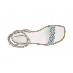 SANDALO LACCIO ALLA CAVIGLIA FASCIA STRASS E RAFFIA INTRECCIATA
